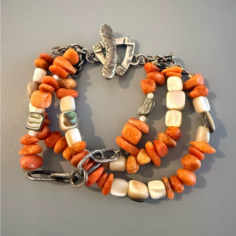 Silpada Red Coral and Abalone Multi Strand Bracelet SS Toggle Clasp RETIRED